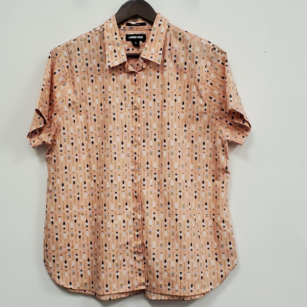Lands End Womens No Iron Shirt Size 16 Paddleboard Button Up Supima Cotton Camp